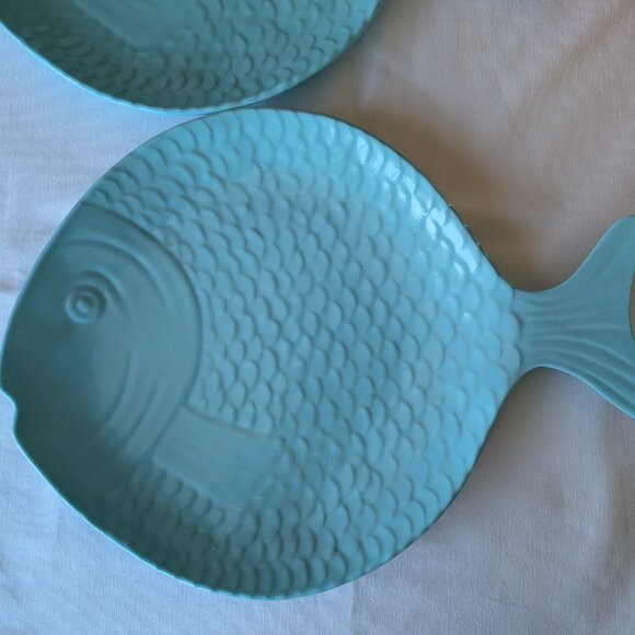 2 Sigrid Olsen Melamine Teal Mint Blue Large Fish Shaped Serving Platters Kitsch - Picture 5 of 13